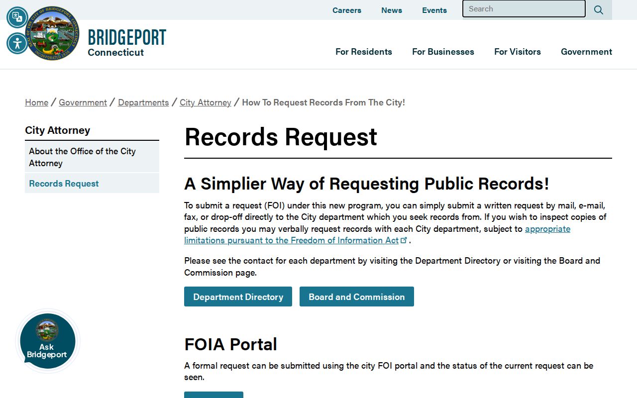 Bridgeport warrant records request channels on the city FOI page