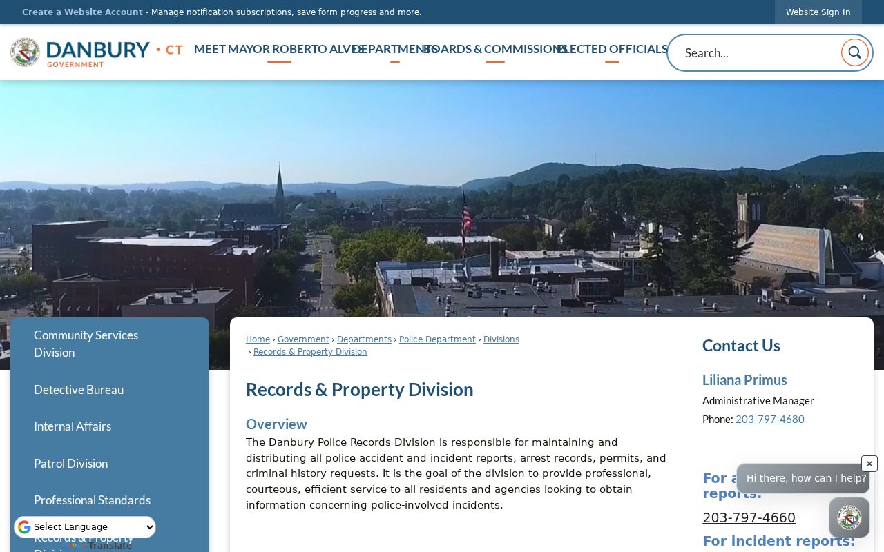 Danbury warrant records route on the police Records and Property Division page