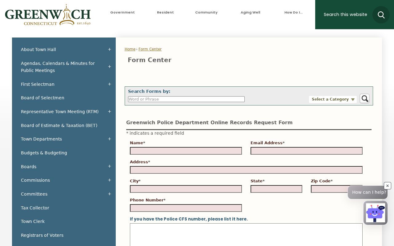 Blank official online form for Greenwich warrant records requests